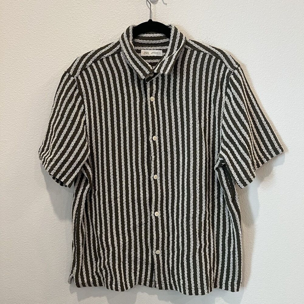 Zara Shirt Mens Knit Textured Weave Cotton Blend Camp Collar Striped Button Up M